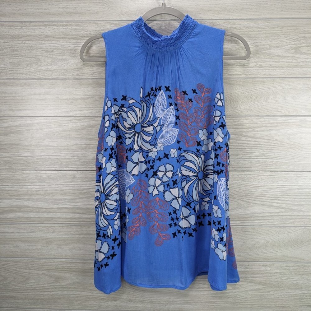 KAARI Blue High Neck Floral Top
